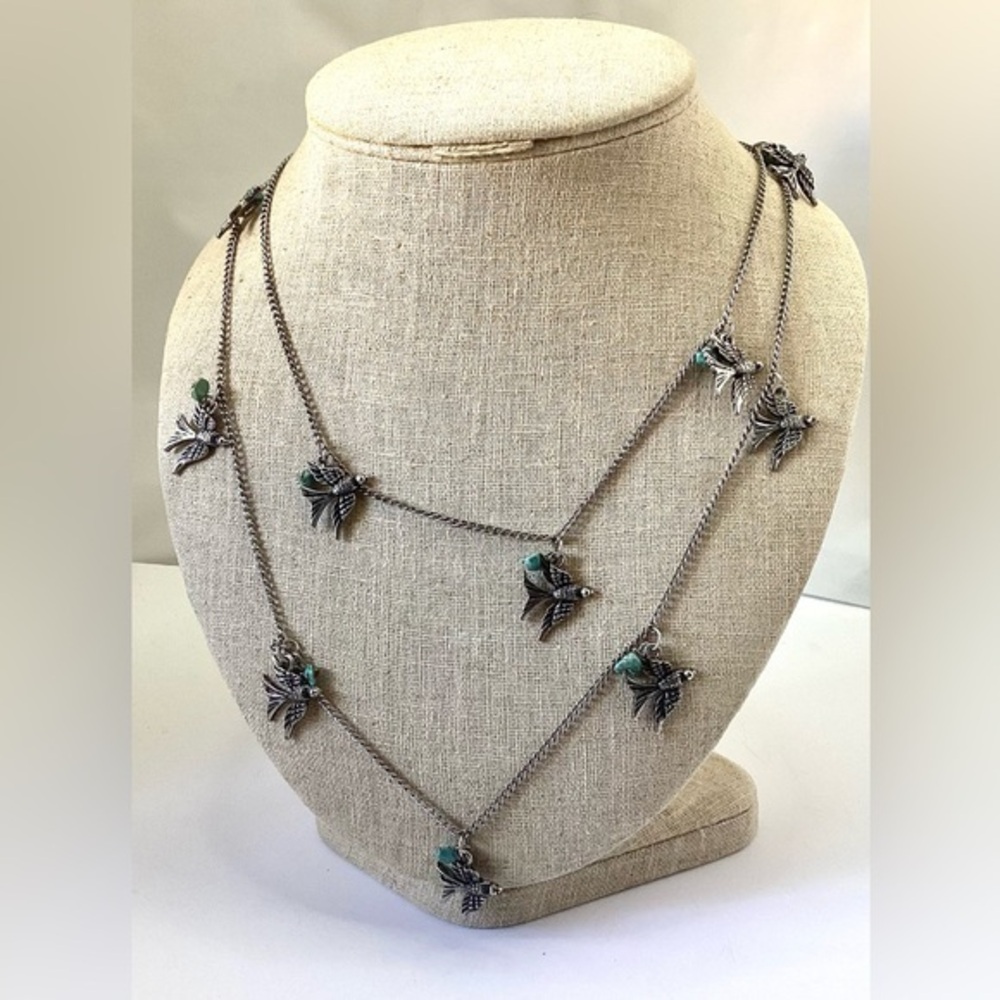 Silver Tone Birds and Turquoise Charms Necklace